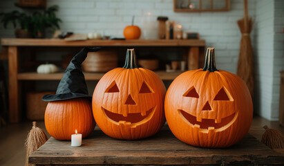 Obraz premium Two pumpkins with a black hat on top of them. The pumpkins are smiling and have their eyes open