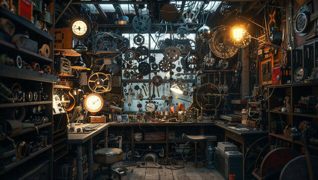 An inventors workshop cluttered with gears, gadgets, and strange contraptions