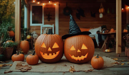 Fototapeta premium Two pumpkins with a black hat on top of them. The pumpkins are smiling and have their eyes open