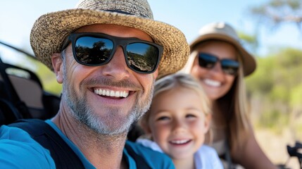 Family beaming in joy and camaraderie during a safari trip. The sunny environment enhances their vivid expressions and sense of adventure in vast landscapes.