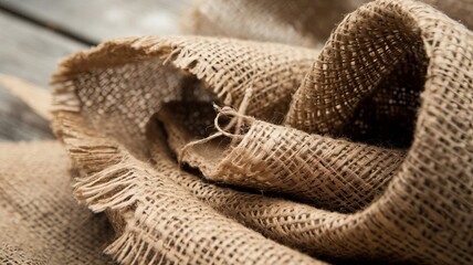 A close-up of a burlap sack with a partly ripped edge, revealing a twisted rope.