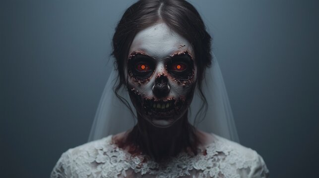 A haunting image of a zombie bride with glowing eyes, showcasing eerie beauty and a mix of horror and elegance.