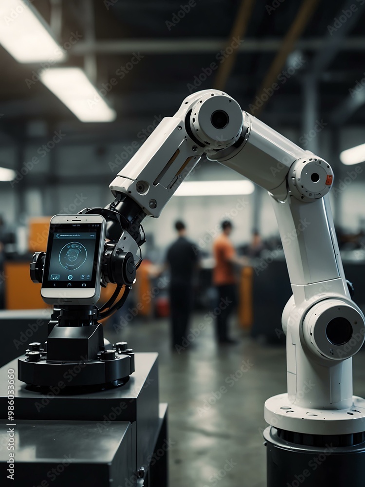 Poster robotic arm interacting with a smartphone in a factory.