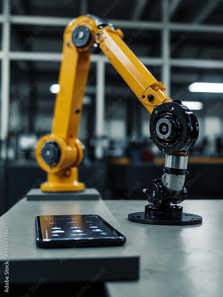 Aufkleber robotic arm interacting with a smartphone in a factory.