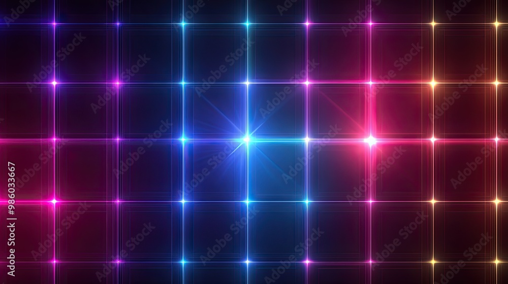 Poster neon light grid on a dark background with colorful glowing squares. technology background