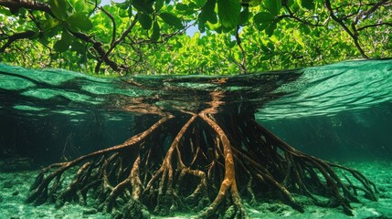 Underwater view of mangrove roots with green foliage above the surface.