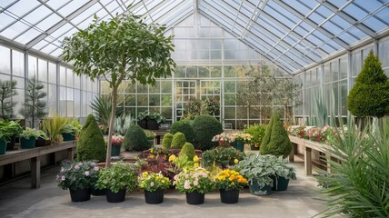 Large greenhouse filled with a variety of potted plants and trees, creating a vibrant and colorful scene.