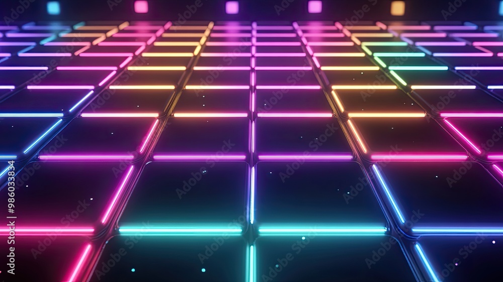 Poster neon light grid on a dark background with colorful glowing squares. technology background