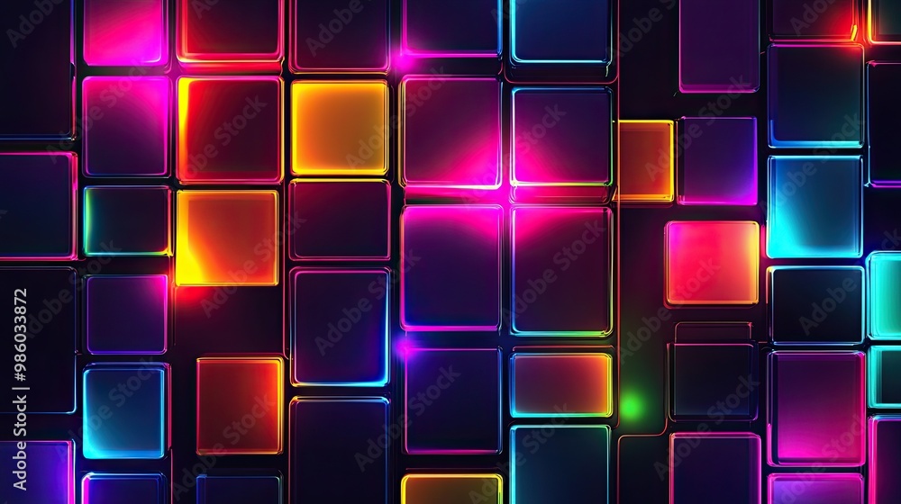 Poster neon light grid on a dark background with colorful glowing squares. technology background