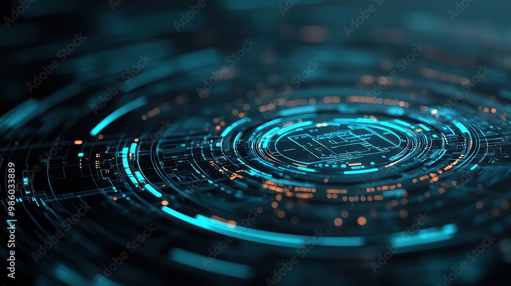 Poster abstract technology background with glowing circular patterns and digital elements representing data
