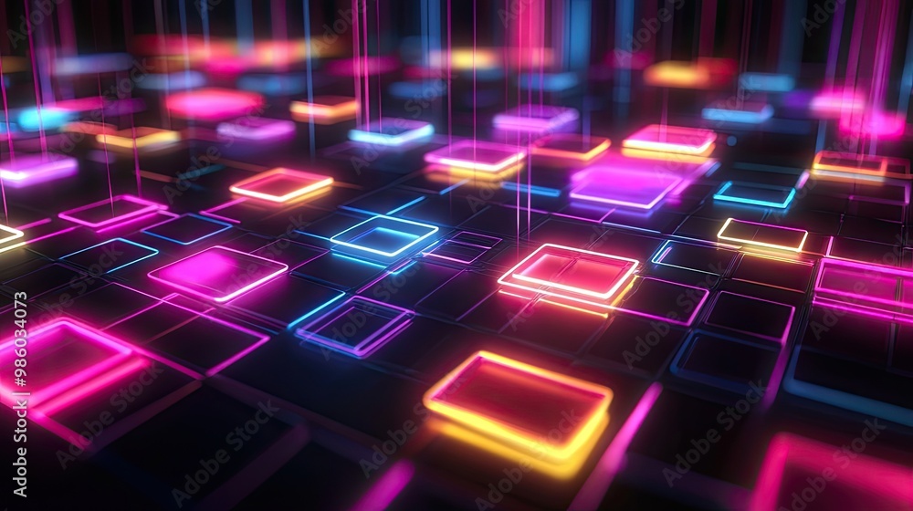 Poster neon light grid on a dark background with colorful glowing squares. technology background