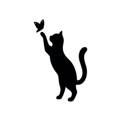 a cat standing on its hind legs with its front paws up in the air. The cat appears to be reaching up towards a small butterfly that is flying in front of it