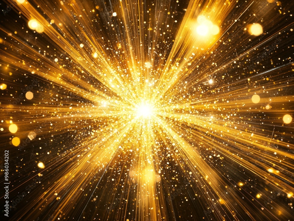Poster bright yellow particles explode outward, creating a dynamic sense of energy against a deep black bac