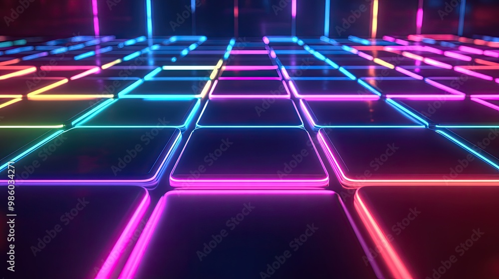 Aufkleber neon light grid on a dark background with colorful glowing squares. technology background