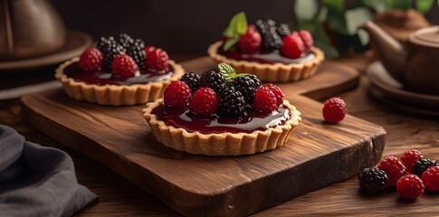 Fresh Blackberry & Raspberry Tarts on a Wooden Cutting Board