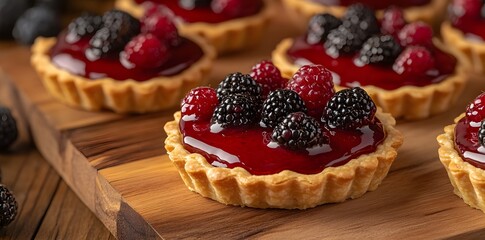 Delicious Berry Tarts on a Wooden Board
