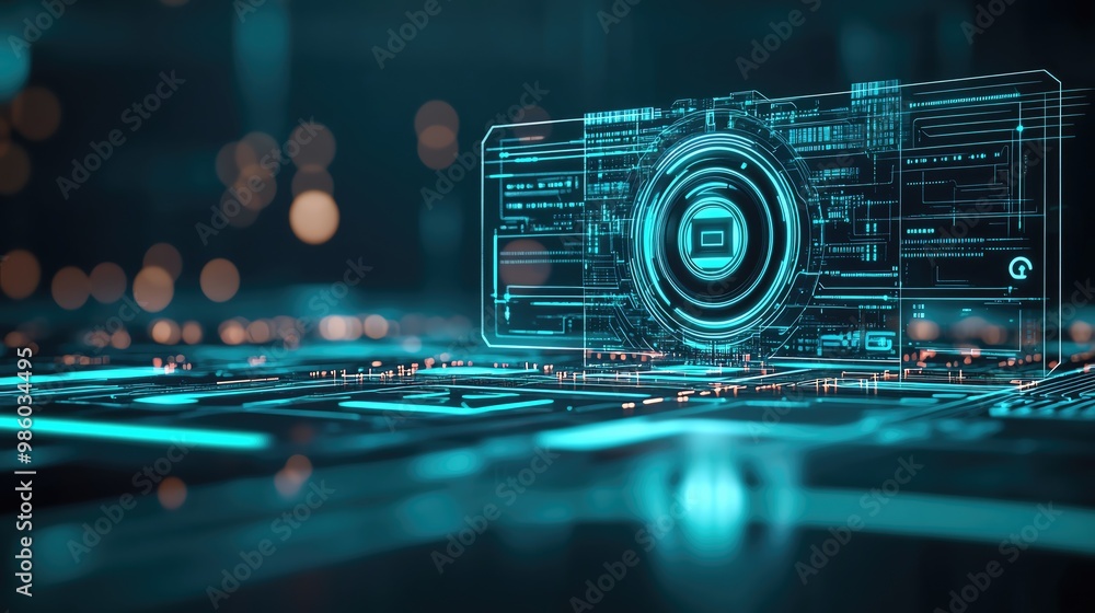 Poster futuristic digital interface displaying technology elements in a vibrant blue light. ideal for innov