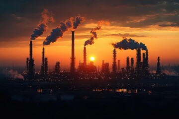 Naklejka premium oil refinery at sunrise intricate network of pipes and towers silhouetted warm golden light billowing steam industrial complexity against dramatic sky