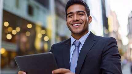 Fototapeta premium Hispanic smiling man in suit working using touchpad computer