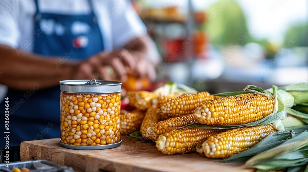 Poster a close-up of a wooden table with freshly picked corn cobs and an open can filled with corn kernels,