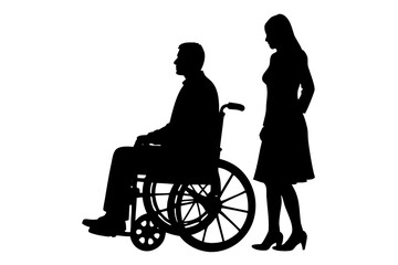 People on a wheelchair Silhouette vector illustration on white background. Vector silhouette.