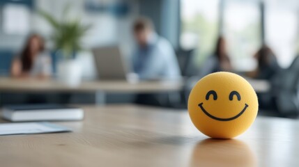 A cheerful yellow smiley stress ball is prominently placed on a wooden desk, set against a blurred backdrop of an office environment, promoting calm and positivity among employees.
