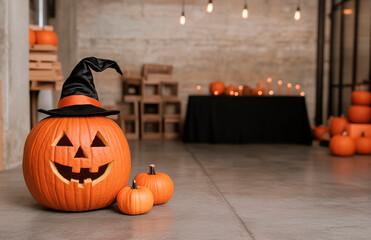 Obraz premium A pumpkin with a black hat on top of it is on the ground with other pumpkins