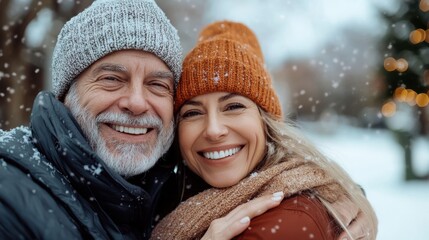An older couple dressed warmly, joyfully embracing amid falling snowflakes in an outdoor winter setting, highlighting love and companionship in cold weather.