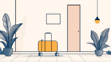 A minimalist, intuitive illustration rendered in a continuous line drawing style, depicting a luggage trolley often seen in hotels. The design provides a modern and simple representation of hotel