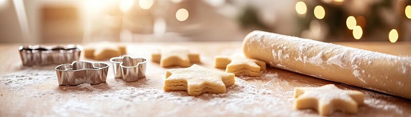 Baking scene with star-shaped cookie cutters, rolled dough, and flour on a wooden surface, perfect for festive holiday treats.