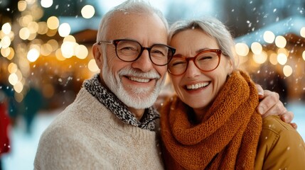 Older couple sharing a joyful moment in a beautifully decorated and illuminated winter scene, radiating happiness with snowflakes gently falling around them.