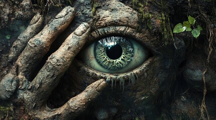 Enigmatic Oversized Eye: A Captivating Poster for Your Sporty Interior, Revealed by Clay-like Hands in a Dark Woodland, Surrounded by Rocks and Vines – Perfect for Adding Intrigue!