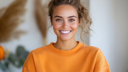 A woman with curly hair smiles warmly, wearing an orange sweater. The background features modern home decor elements, giving an autumnal vibe to the image.