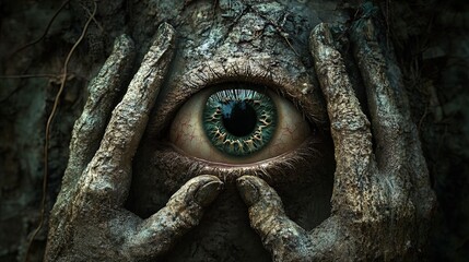 Obraz premium Enigmatic Oversized Eye: A Captivating Poster for Your Sporty Interior, Revealed by Clay-like Hands in a Dark Woodland, Surrounded by Rocks and Vines – Perfect for Adding Intrigue!