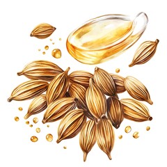 Watercolor Illustration of Caraway Seeds and Oil.