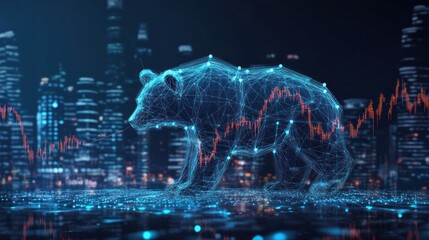 A digital bear silhouette overlaid on a cityscape with financial graphs.