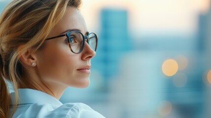 Fototapeta premium A woman with her face blurred, gazing out of a window at a cityscape during sunset, creating a contemplative and serene mood blending urban life with peaceful reflection.