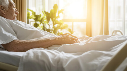 Real photo of Older on bed in hospital for health care concept