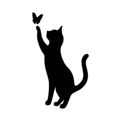 a cat standing on its hind legs with its front paws up in the air. The cat appears to be reaching up towards a small butterfly that is flying in front of it