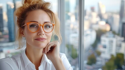 A stylish woman with orange glasses sits thoughtfully in an office setting with a city view, showcasing modern urban elegance and intellect.
