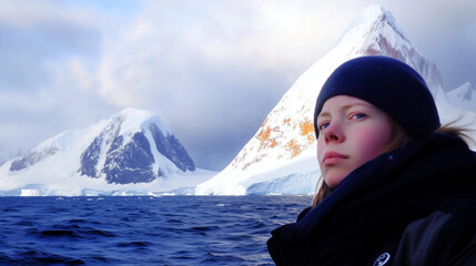 Traveler in Antarctica with Close-Up of Their Face and Icebergs