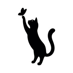 a cat standing on its hind legs with its front paws up in the air. The cat appears to be reaching up towards a small butterfly that is flying in front of it