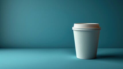 A solitary coffee cup resting on a turquoise surface, capturing a moment of tranquility in a cafe setting. Generative AI