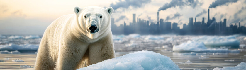 Polar bear stands on ice, city skyline with pollution in the background, highlighting climate change concerns.