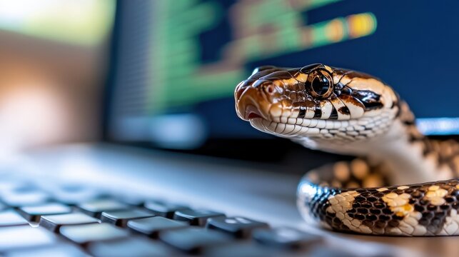 A close-up of a snake coiled on a keyboard with a coding screen in the background, blending the reptile's natural beauty with the digital coding environment.