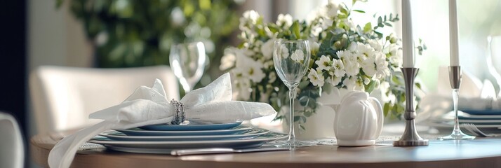 Elegant Dining Table. Wine Glasses Fresh Flowers. Bright White Linen. Wedding Ceremony.