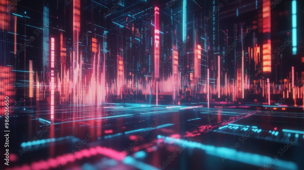 Poster A 3D stock chart with rising and falling bars, representing stock price volatility, displayed on a futuristic digital trading platform.
