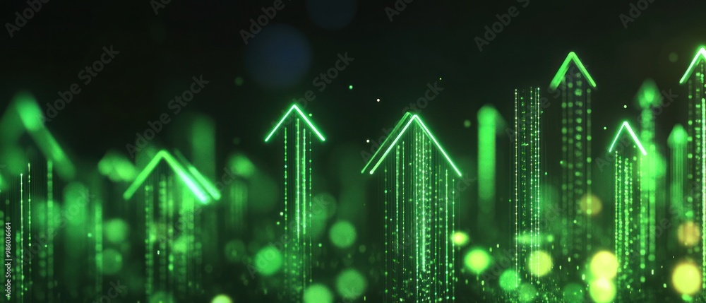 Poster abstract digital representation of upward trends with glowing green arrows and binary code.