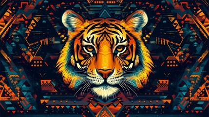 Tribal Tiger Geometric Pattern - Colorful Cartoon Illustration for Logo and Wallpaper Design