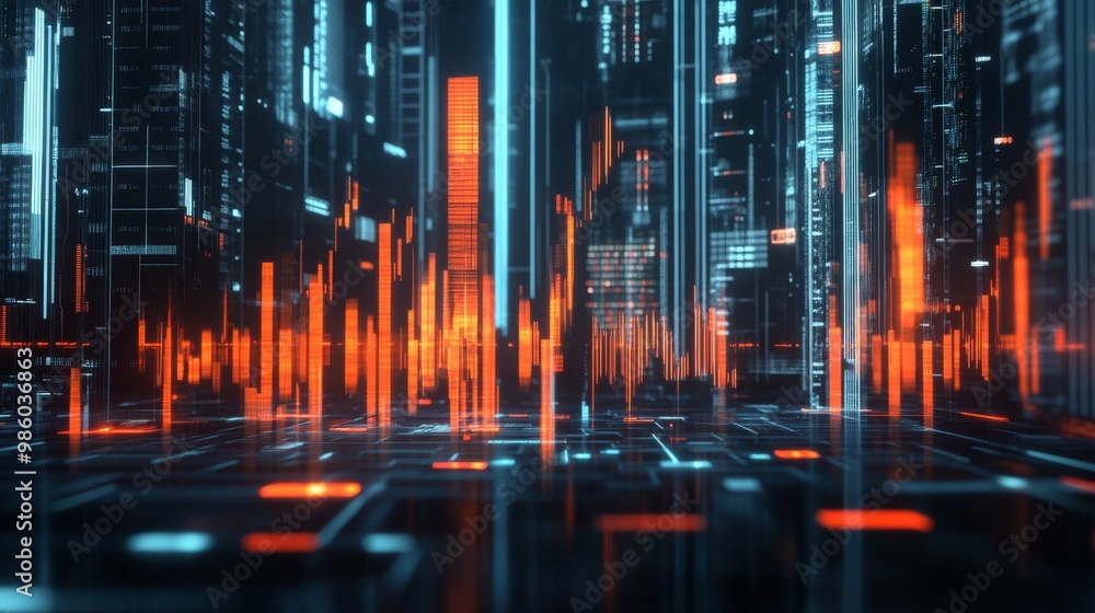 Poster A 3D stock chart with rising and falling bars, representing stock price volatility, displayed on a futuristic digital trading platform.